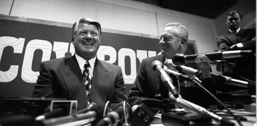  3-29-94--Jimmy Johnson and Jerry Jones  during a press conference at Dallas Cowboys...