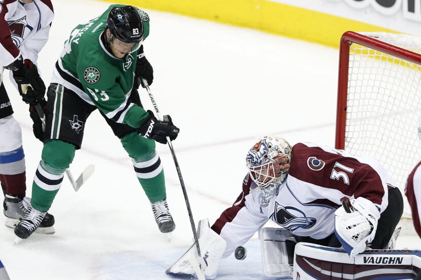 Dallas Stars right wing Ales Hemsky (83) gets his shot on goal stopped by Colorado Avalanche...