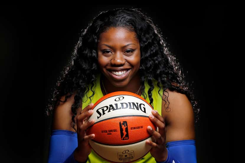 Dallas Wings basketball player Arike Ogunbowale poses for a photo during media day at...