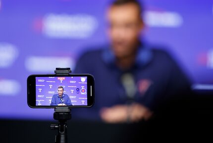 Texas Rangers General Manager Chris Young (seen on a video recording) speaks with the media...