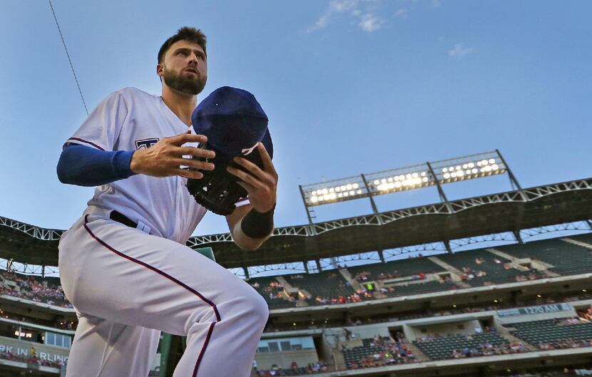 Texas Rangers third baseman Joey Gallo (13) takes the field during the Detroit Tigers vs....