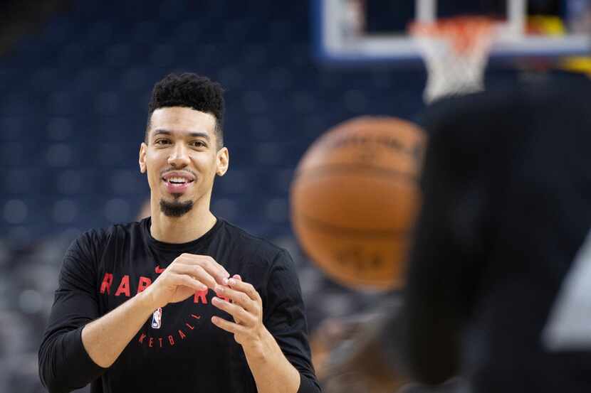 Toronto Raptors' Danny Green receives a pass during practice for the NBA Finals against the...