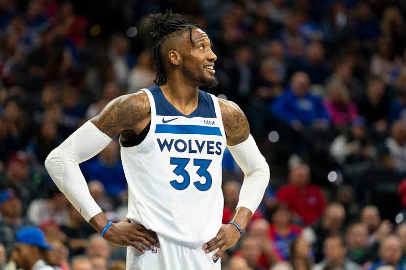 PHILADELPHIA, PA - OCTOBER 30: Robert Covington #33 of the Minnesota Timberwolves reacts...