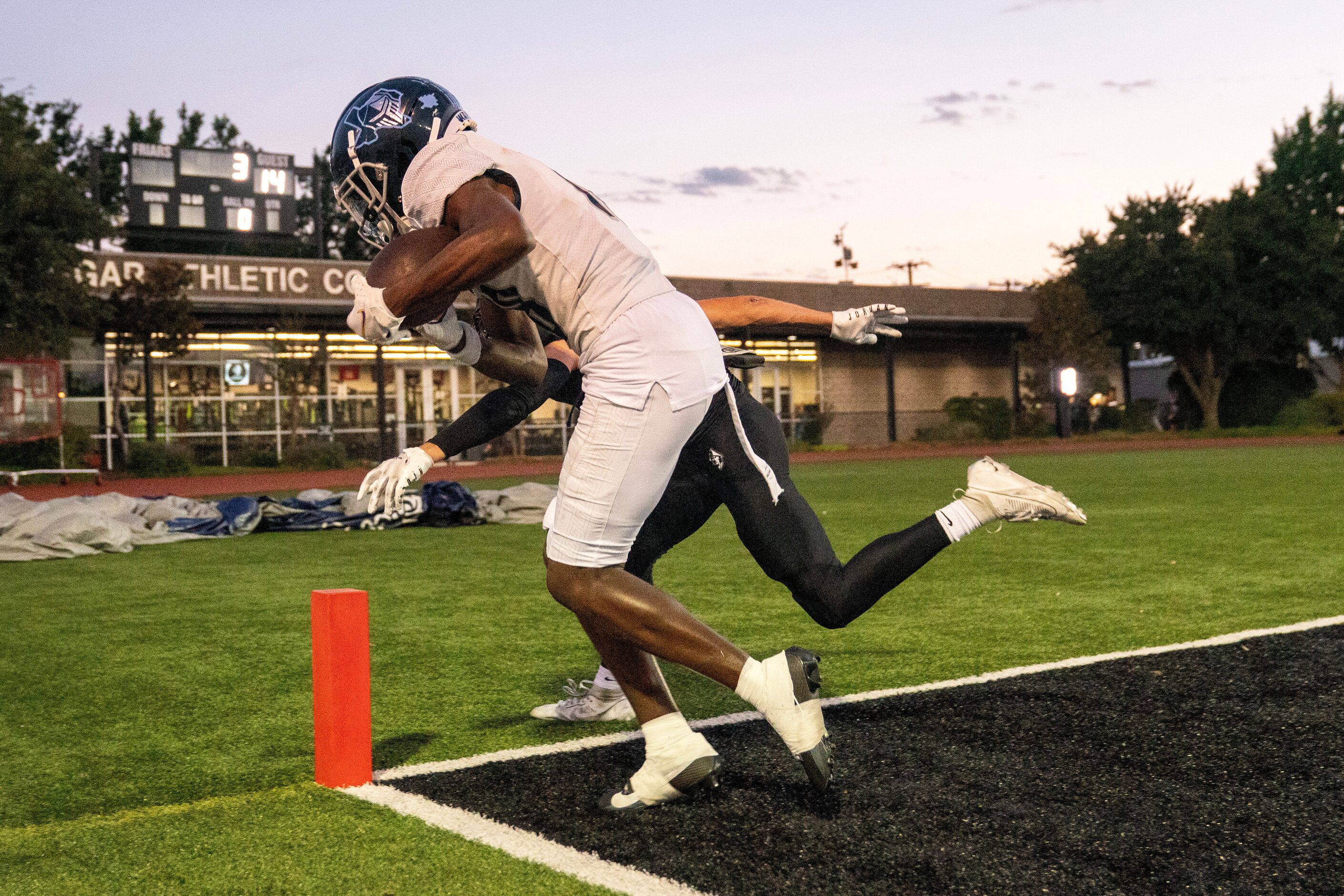 Argyle Liberty Christian junior wide receiver Jaylon Hawkins (18) gets both feet into the...