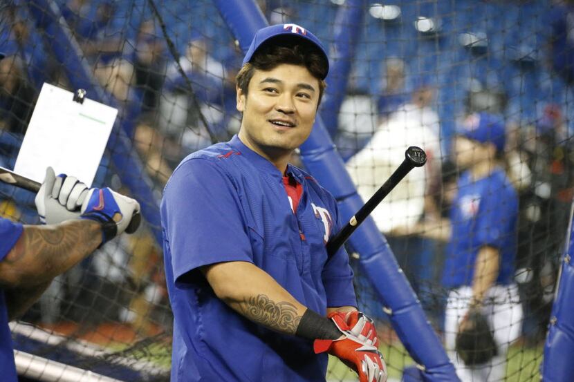 Texas Rangers right fielder Shin-Soo Choo (17) is pictured during batting practice before...