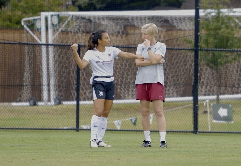 Dallas Trinity FC coach Pauline MacDonald, right, speaks to defender Gabriella Guillen on...