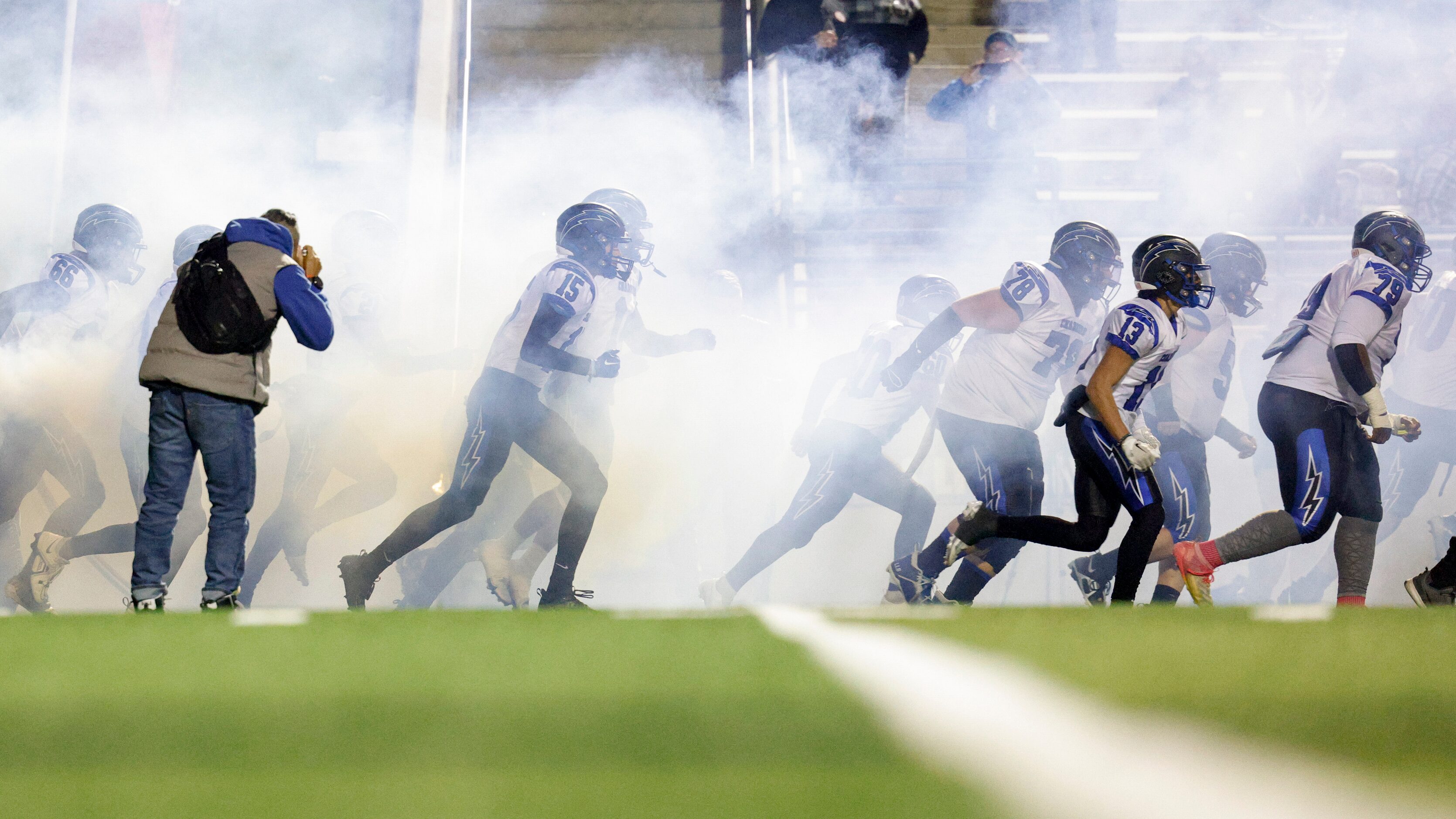 Dallas Christian players take the field before the second half of the TAPPS Division III...