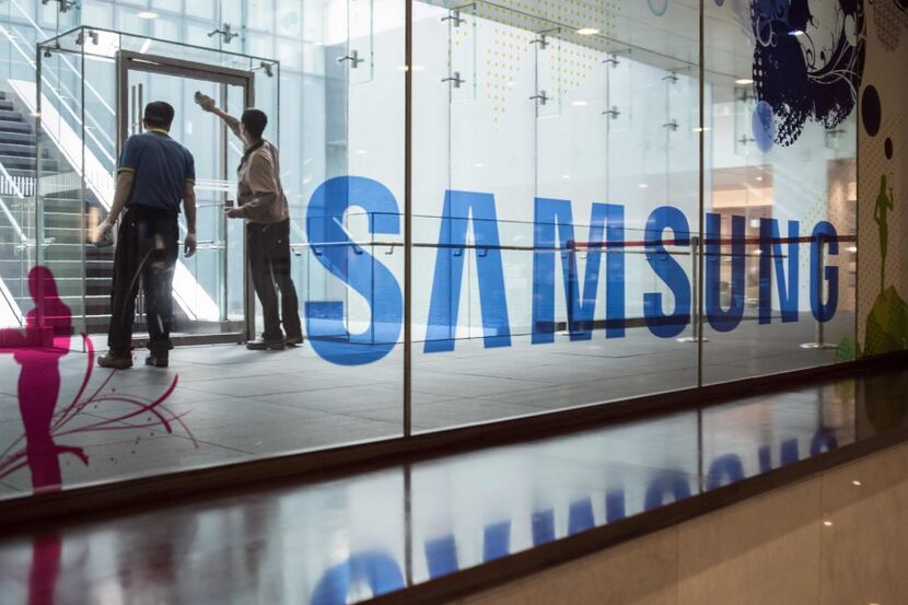 A Samsung logo is displayed in a mall beneath the company's headquarters in the Gangnam...