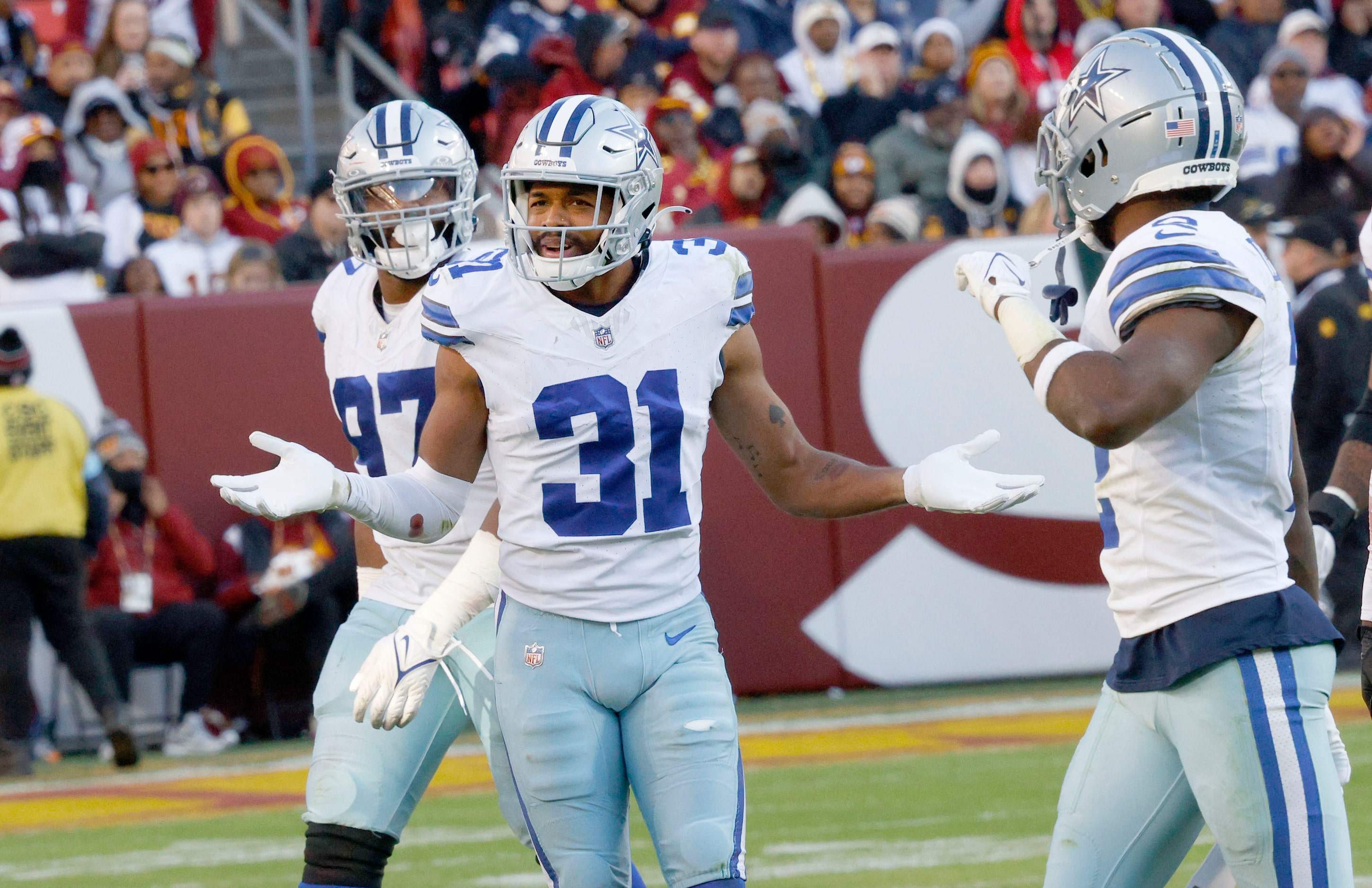 Dallas Cowboys cornerback Josh Butler (31) reacts after Washington Commanders wide receiver...