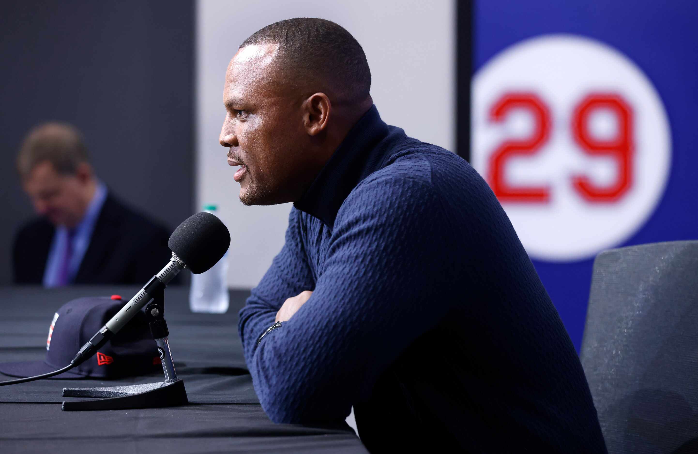 Former Texas Rangers third baseman Adrián Beltré (#29) speaks to the media at Globe Life...