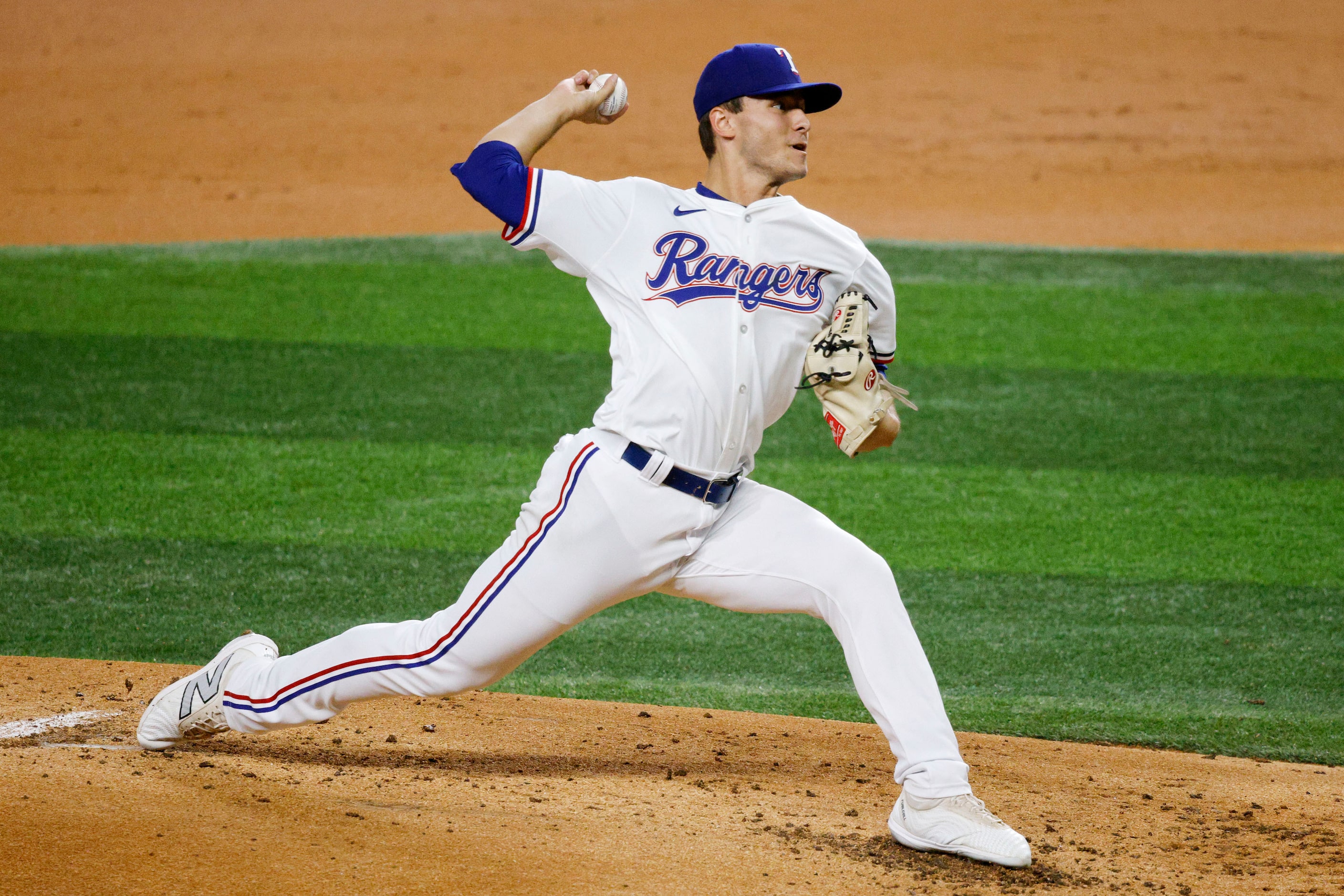 Texas Rangers pitcher Jack Leiter (35) delivers during the second inning of a baseball game...