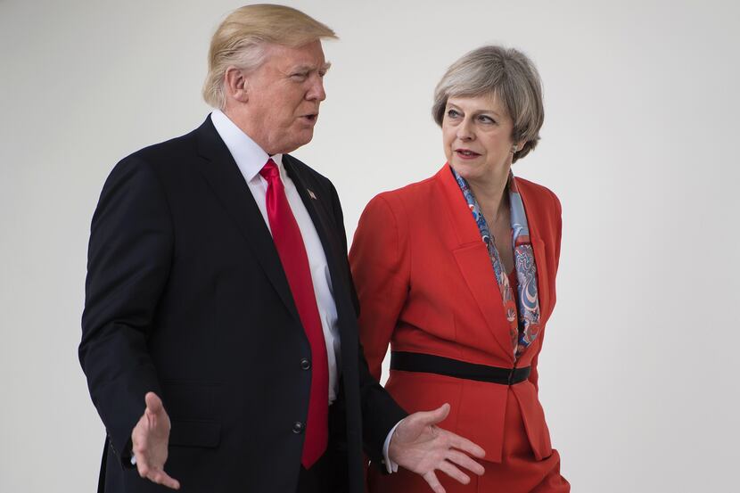 President Donald Trump, walking her with British Prime Minister Theresa May, touted on...