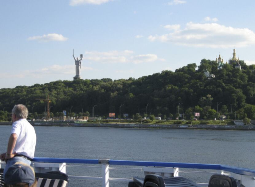 EUROPE: Dnieper River, at Kiev, Ukraine: Sailing out of Kiev, passengers line the rails to...