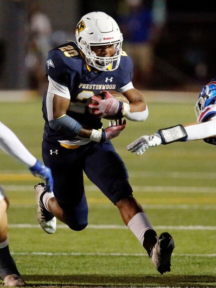 Prestonwood Christian Academy running back AJ Sibley (20) carries the football during the...