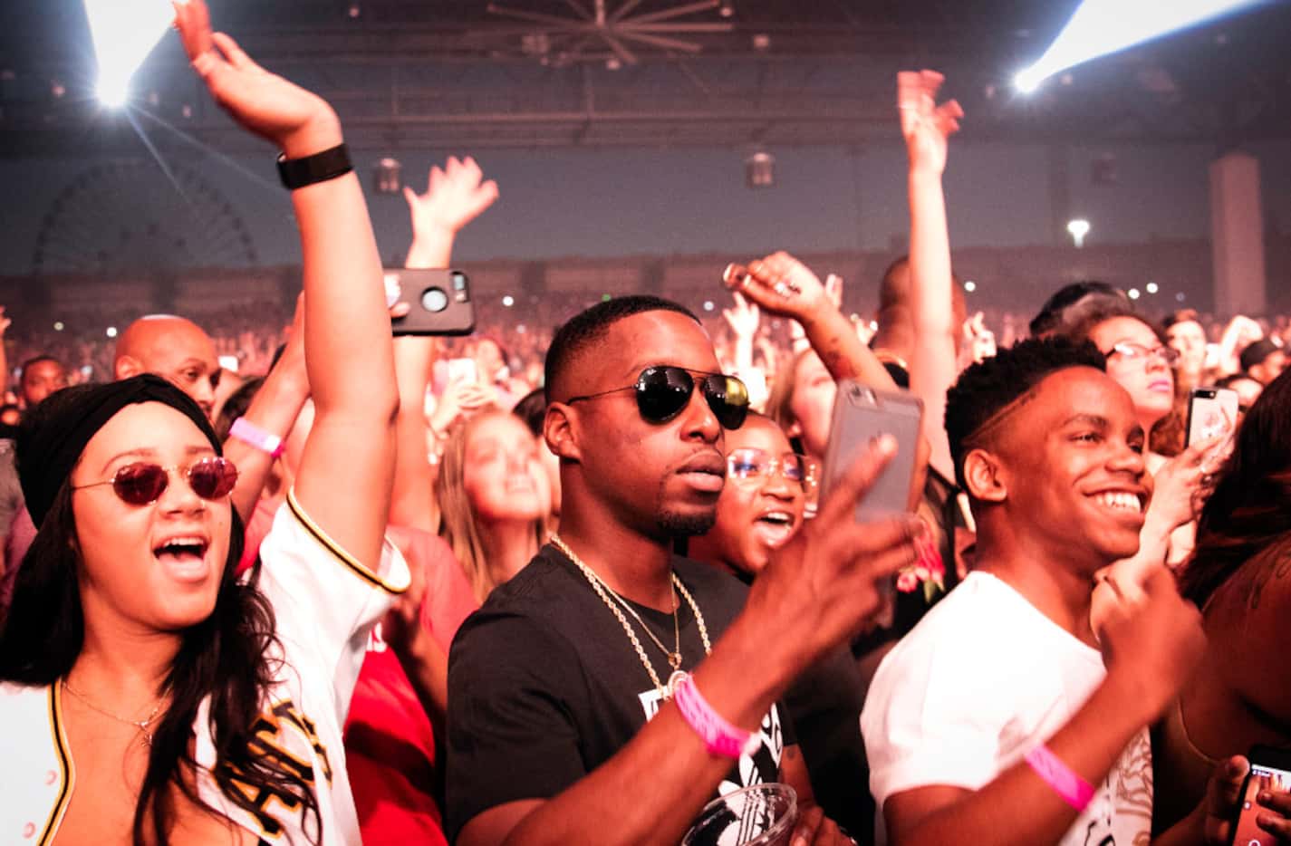 Fans react during the Future concert at the Starplex Pavilion in Fair Park in Dallas, Texas...