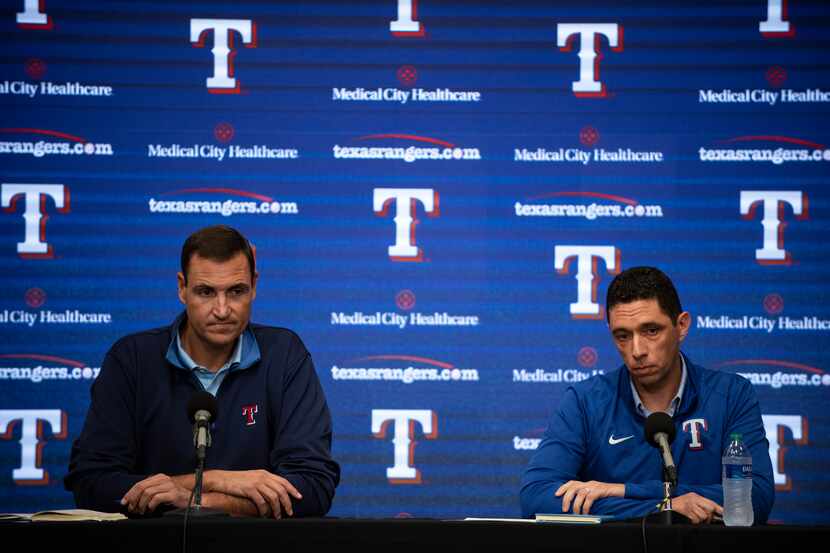 From left, Texas Rangers Executive Vice President and General Manager Chris Young and...