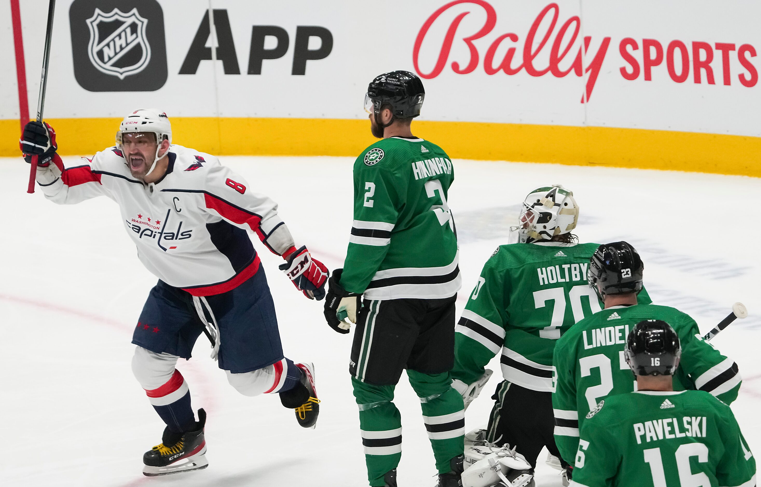 Washington Capitals left wing Alex Ovechkin (8) celebrates after beating Dallas Stars...