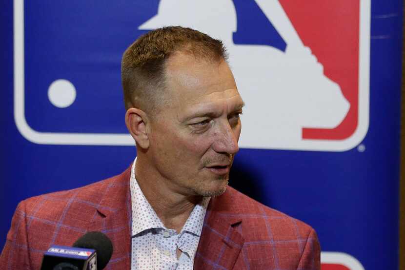 Jeff Banister, manager of the Texas Rangers, talks with members of the media at the MLB...