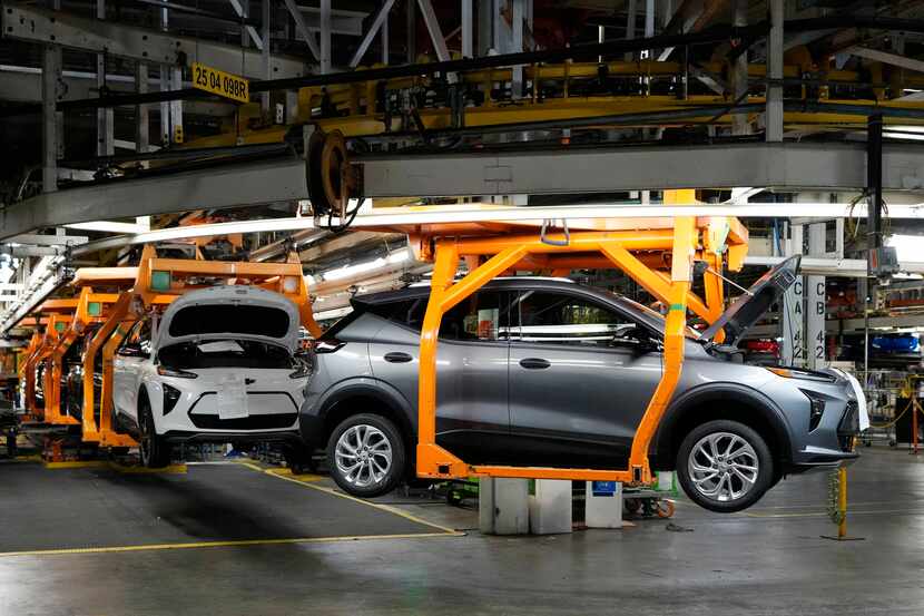 Vehicles move along the 2023 Chevrolet Bolt EV and EUV assembly line at the General Motors...