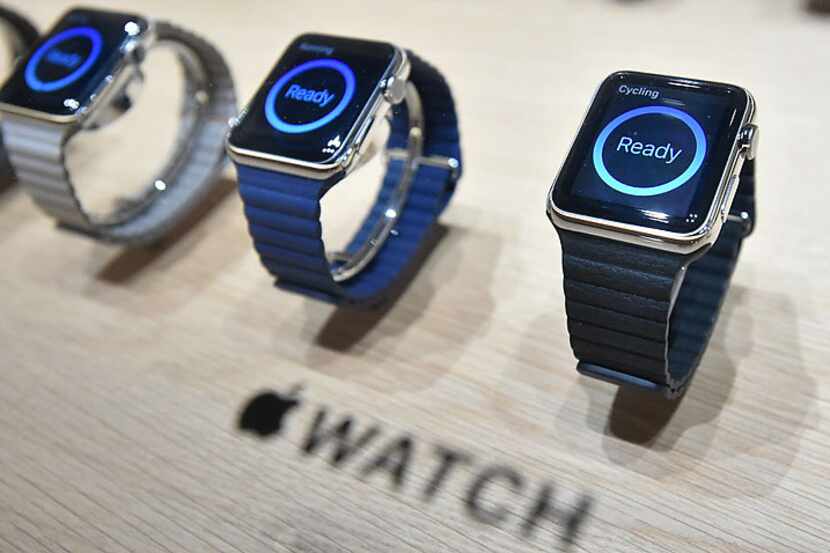 Apple Watches sit on display during a media event Monday at the Yerba Buena Center for the...