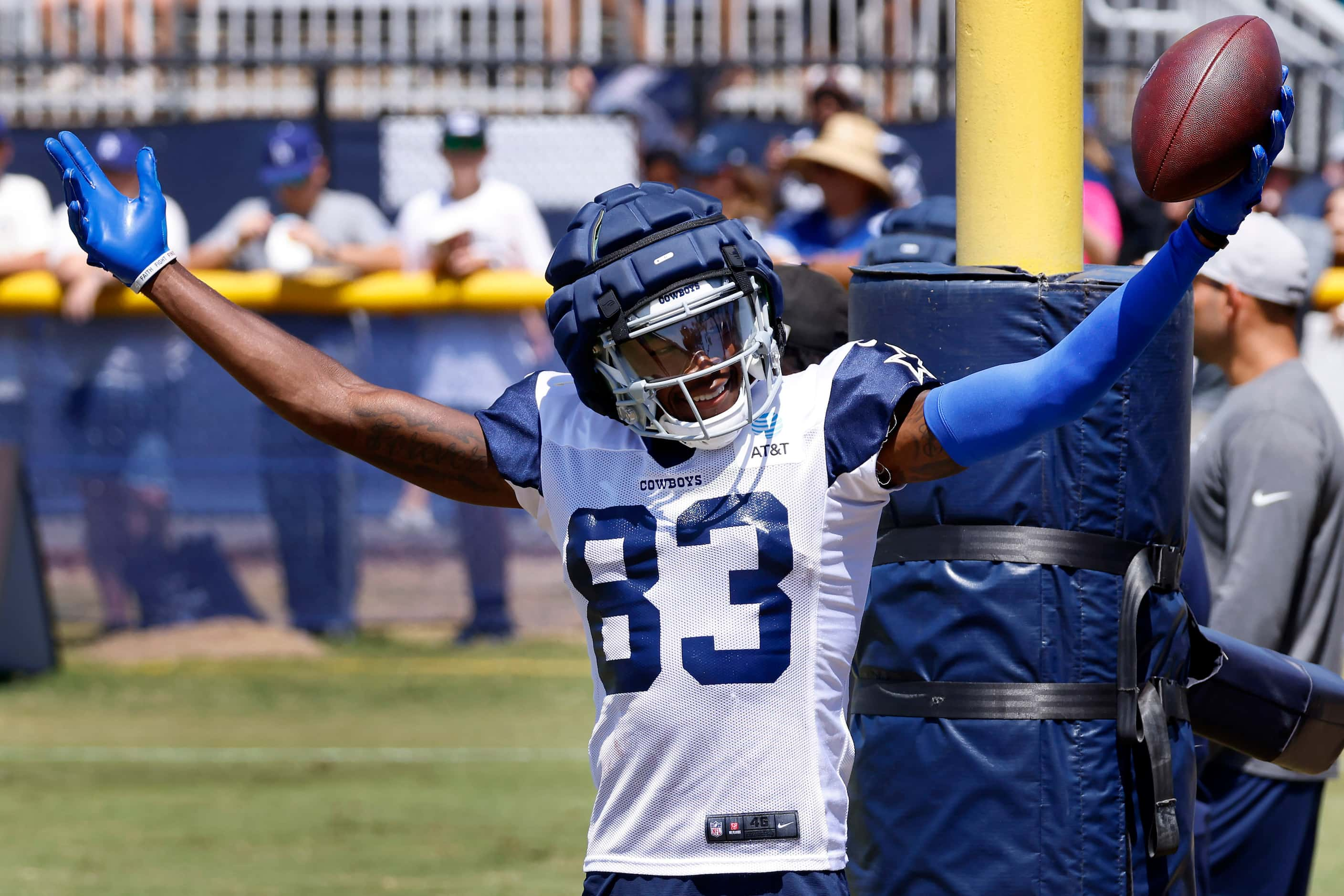 Dallas Cowboys wide receiver Jalen Brooks (83) celebrates his touchdown catch during a 4th...