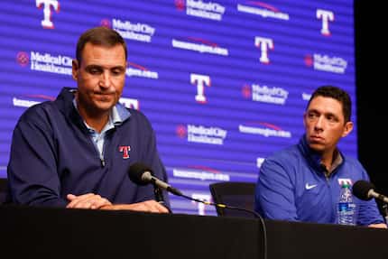 Texas Rangers general manager Chris Young (left) and Rangers President of Baseball...