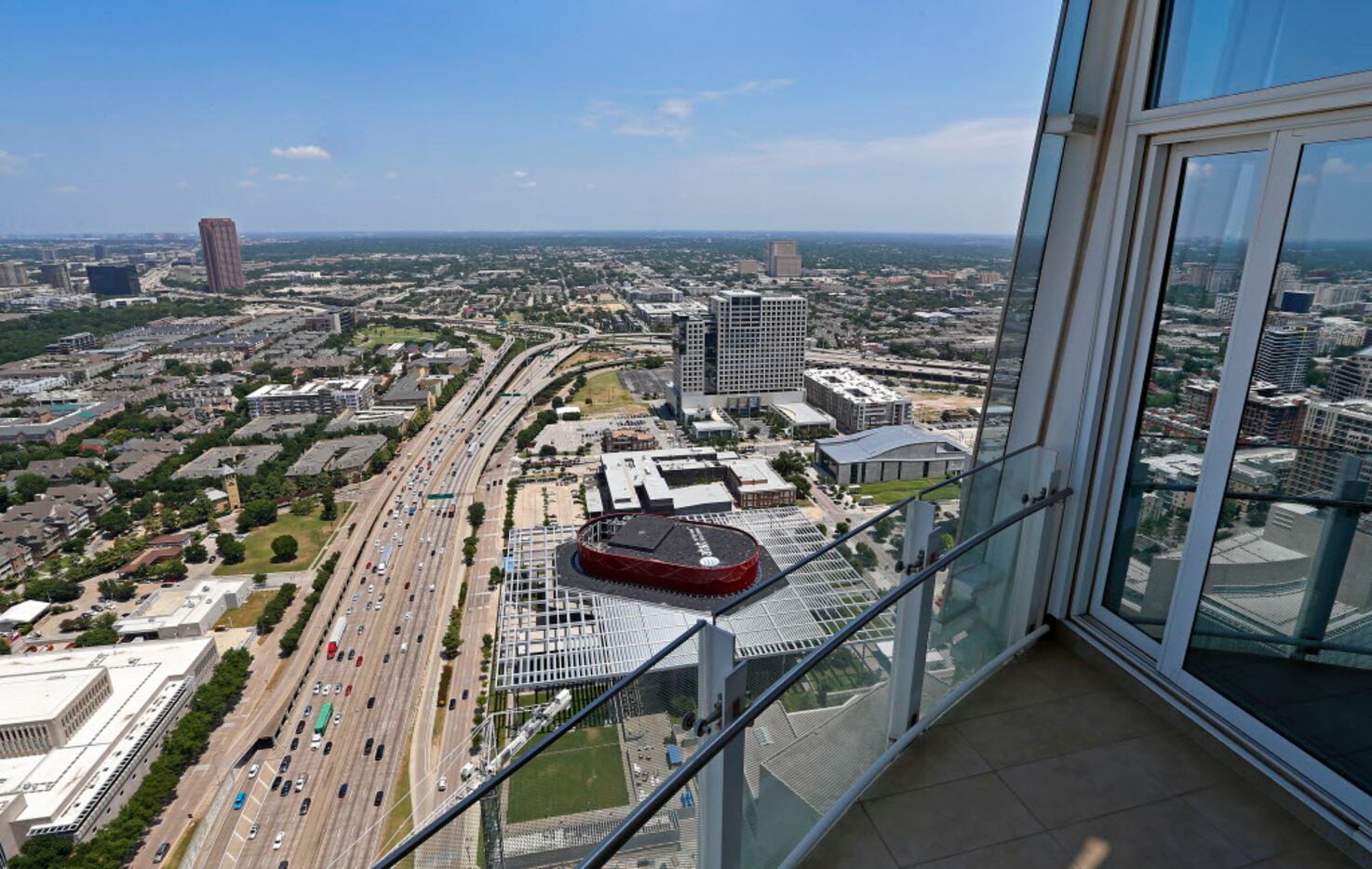 An aerial view of Federal Reserve Bank of Dallas (bottom left) and Winspear Opera House...