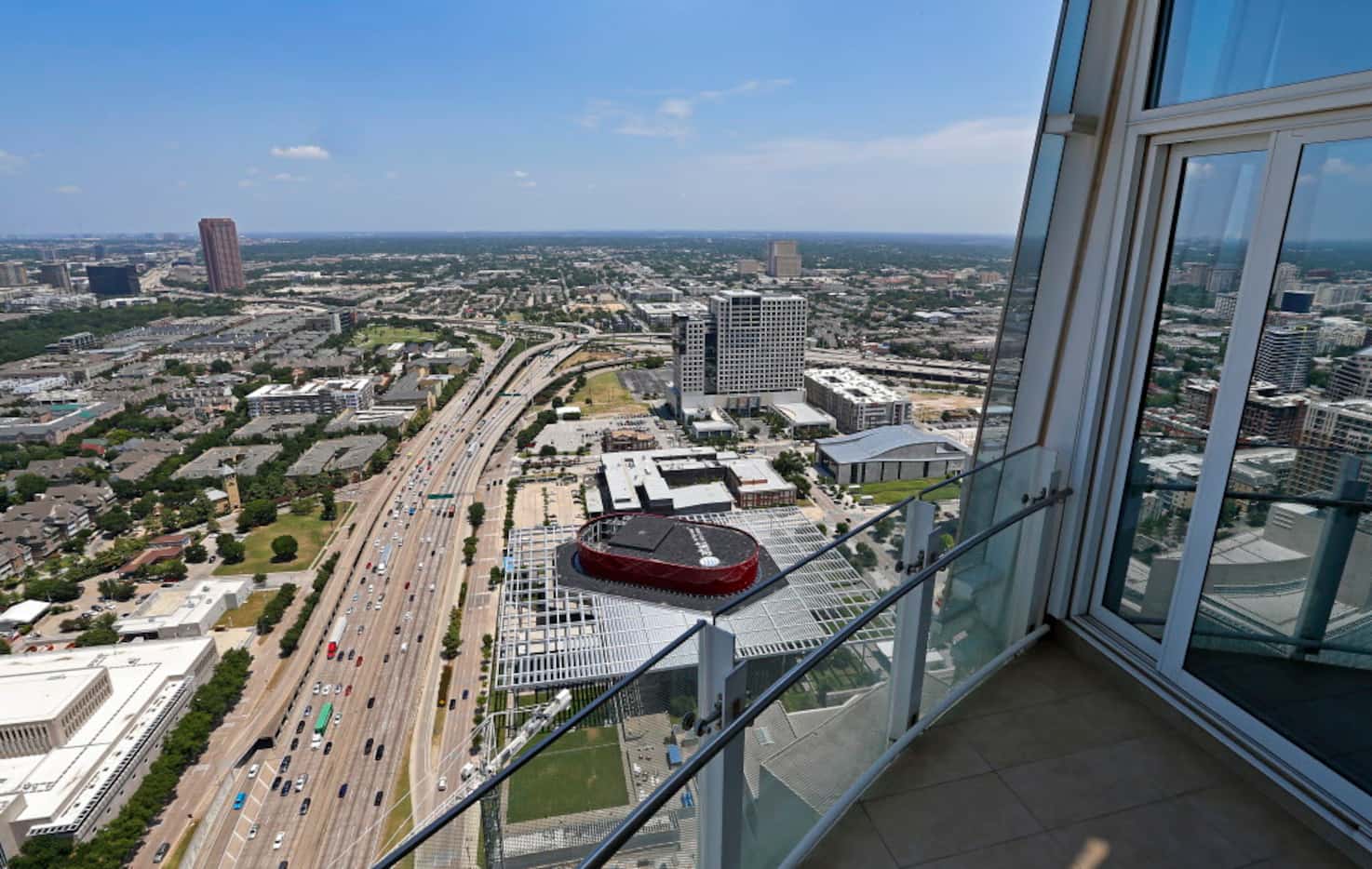 An aerial view of Federal Reserve Bank of Dallas (bottom left) and Winspear Opera House...