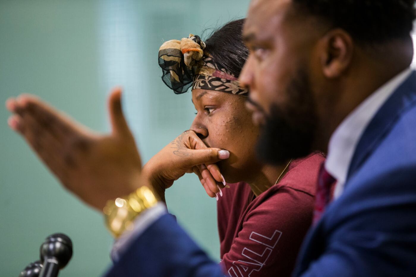 L'Daijohnique Lee, left, with her lawyer, civil rights attorney Lee Merritt, during a press...