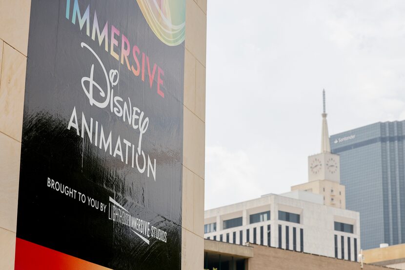 A sign for an immersive Disney animation show hangs outside the Lighthouse Artspace on...