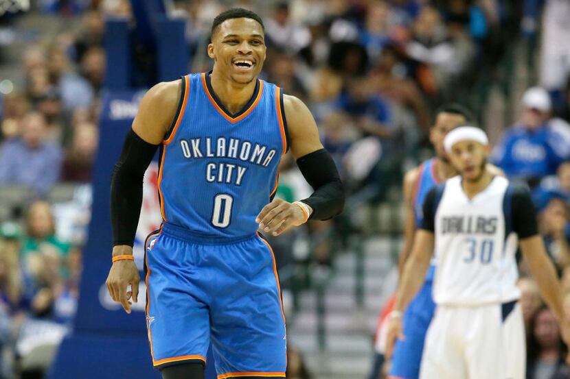 Oklahoma City Thunder guard Russell Westbrook (0) smiles on the court during the second half...