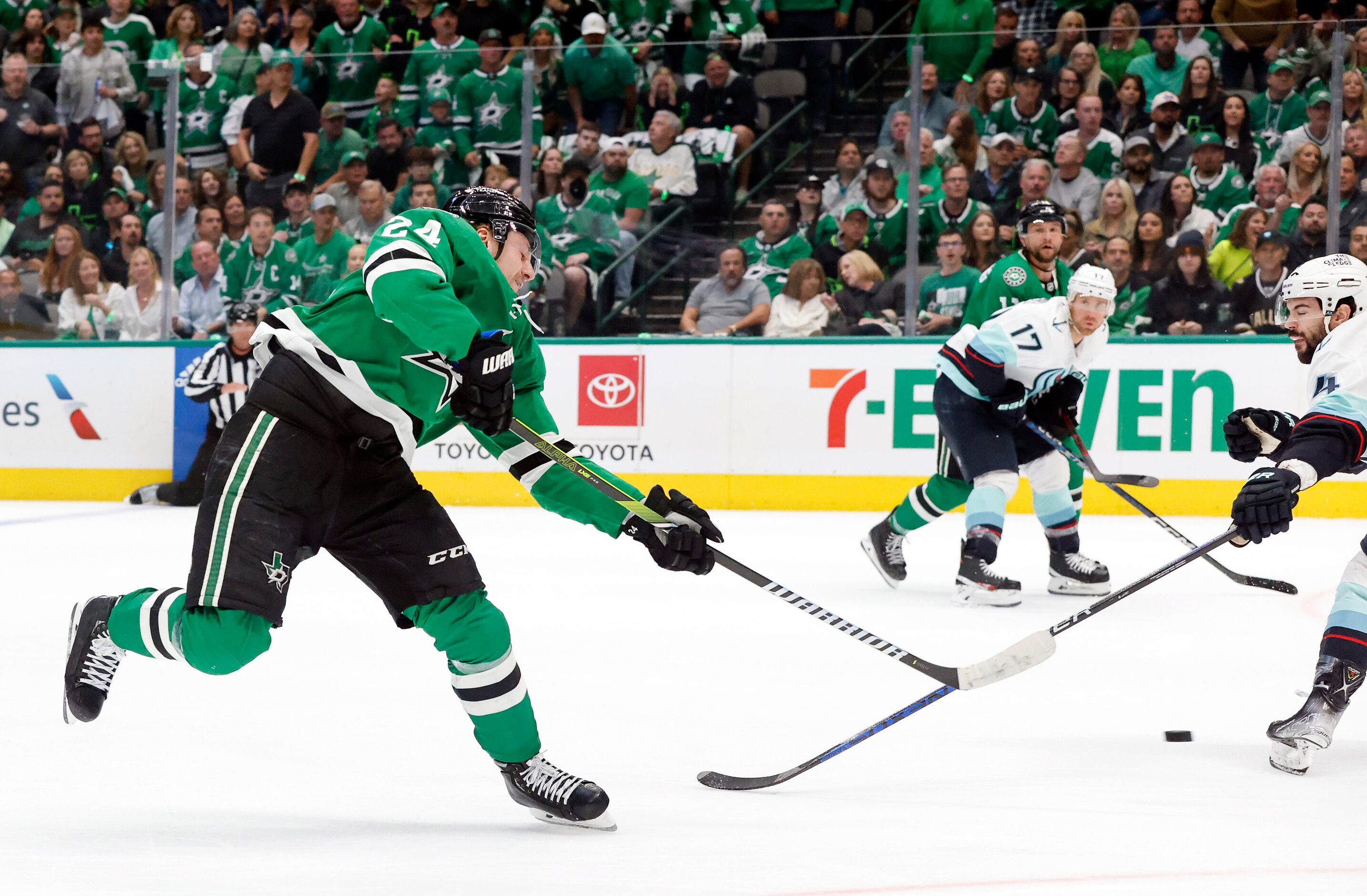 Dallas Stars center Roope Hintz (24) takes a shot against the Seattle Kraken during the...