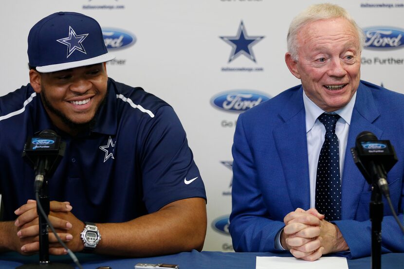 Cowboys owner Jerry Jones speaks as former LSU offensive lineman La'el Collins is introduced...