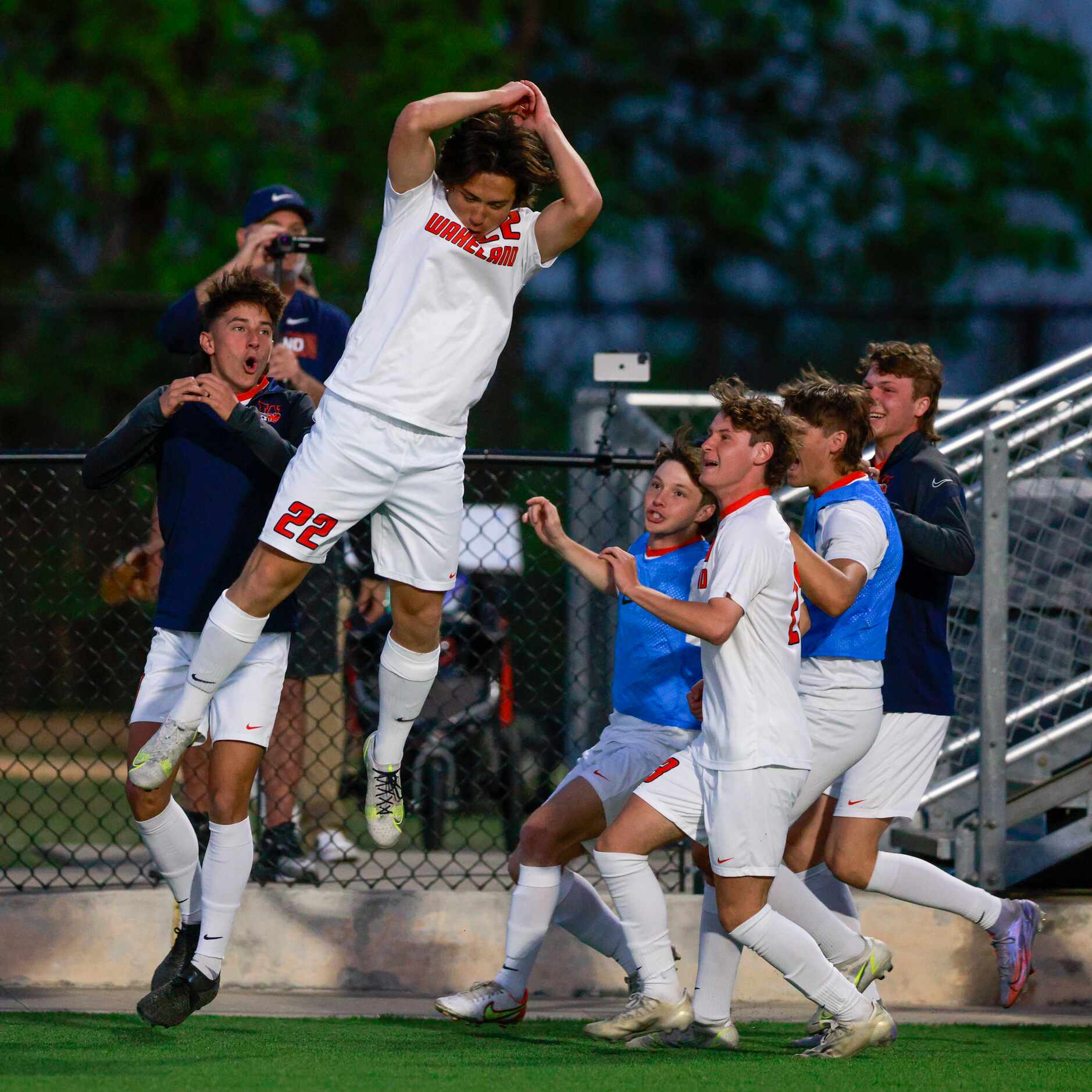 Frisco Wakeland forward Brennan Bezdek (22) celebrates after scoring a goal during the first...