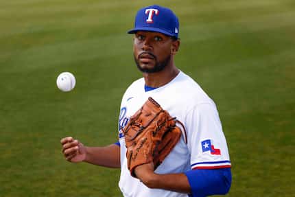 Texas Rangers pitcher Kumar Rocker is pictured during photo day at the team's training...
