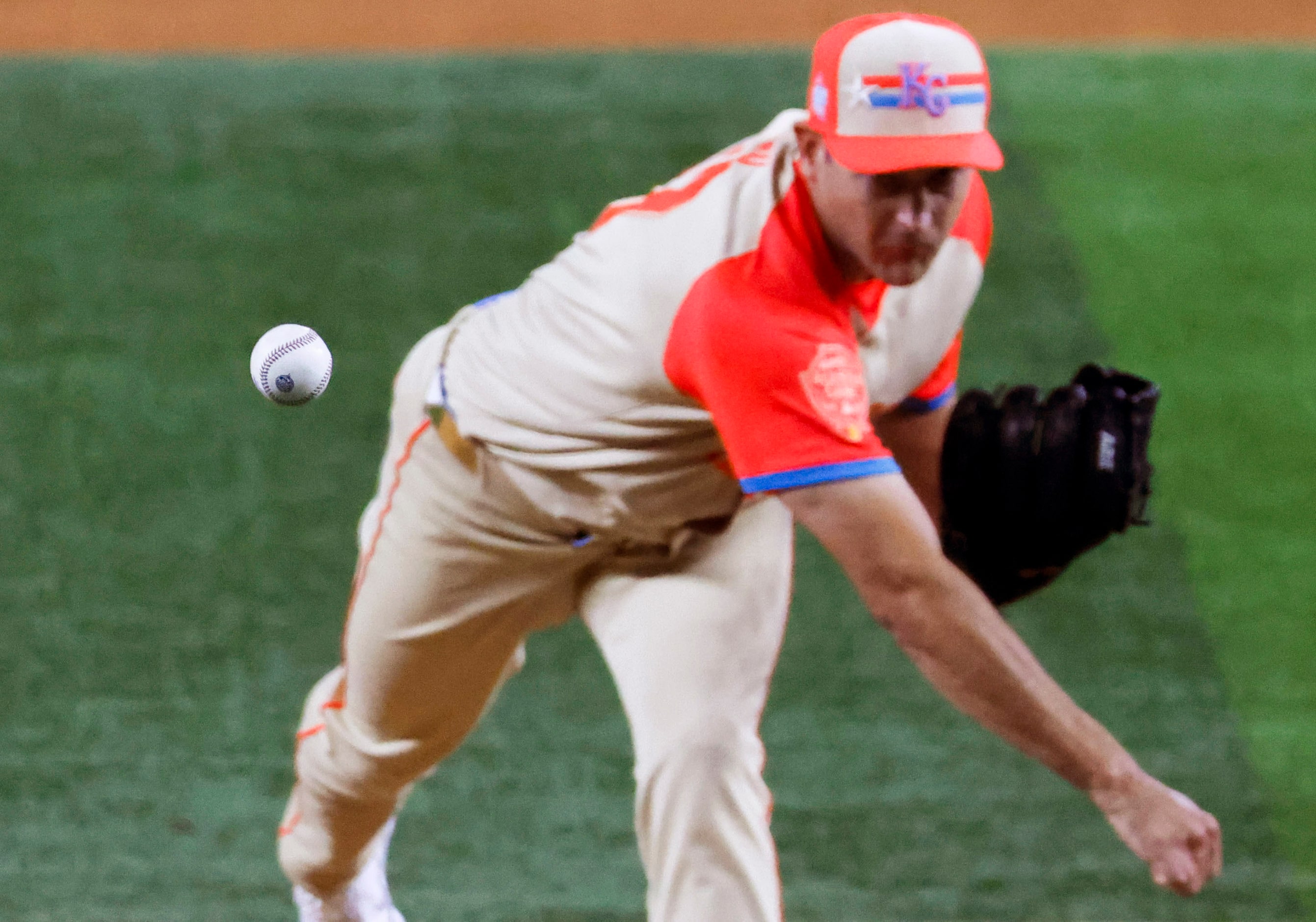 American League's Seth Lugo, of the Kansas City Royals, throws during the seventh inning of...