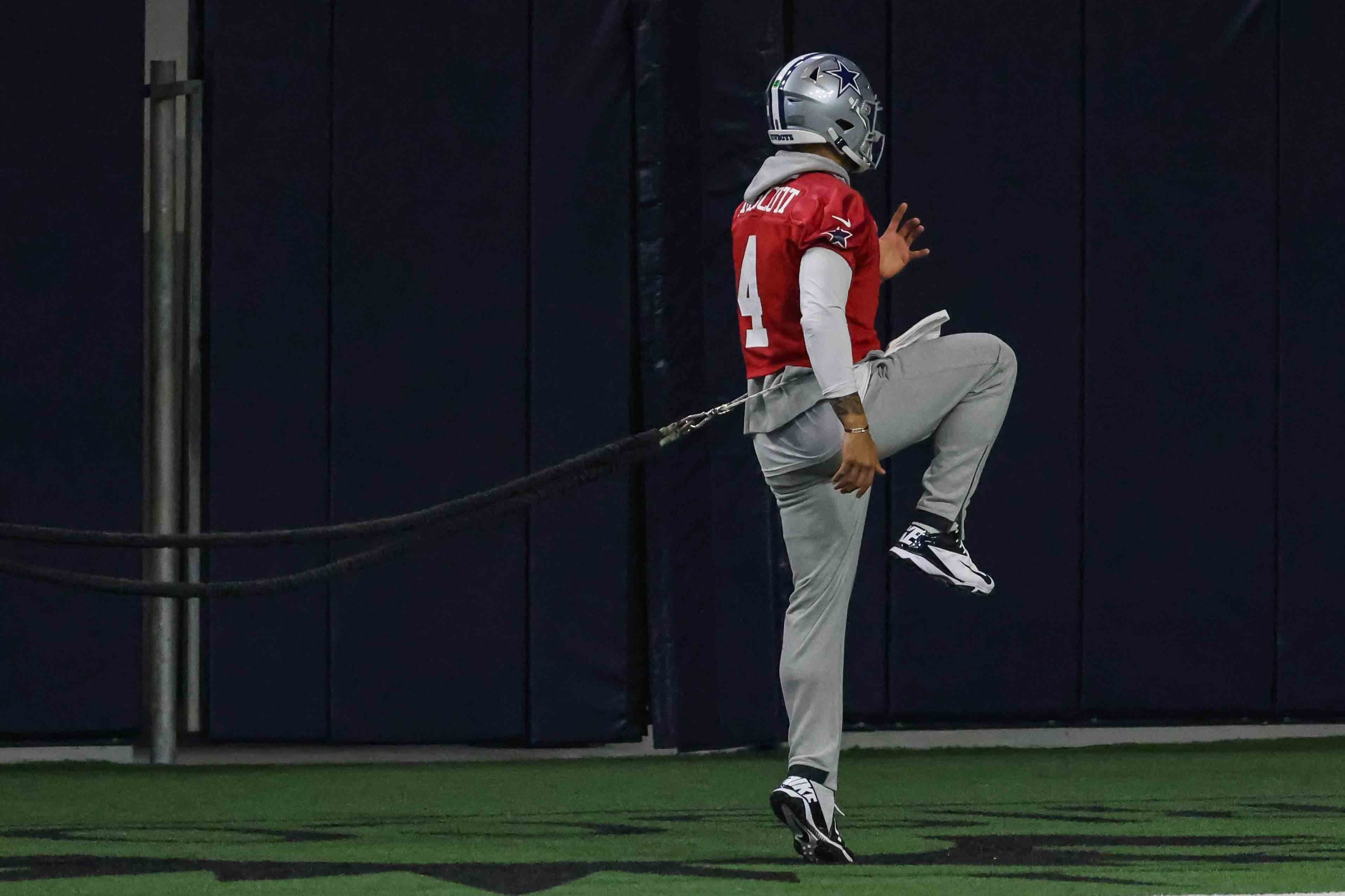 Cowboys' quarterback Dak Prescott #4 during practice at the Ford Center in Frisco on...