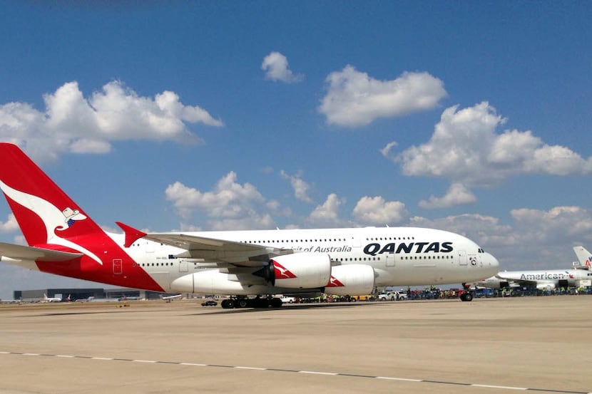 The first Qantas A380 airplane arrived at Dallas/ Fort Worth International Airport on...