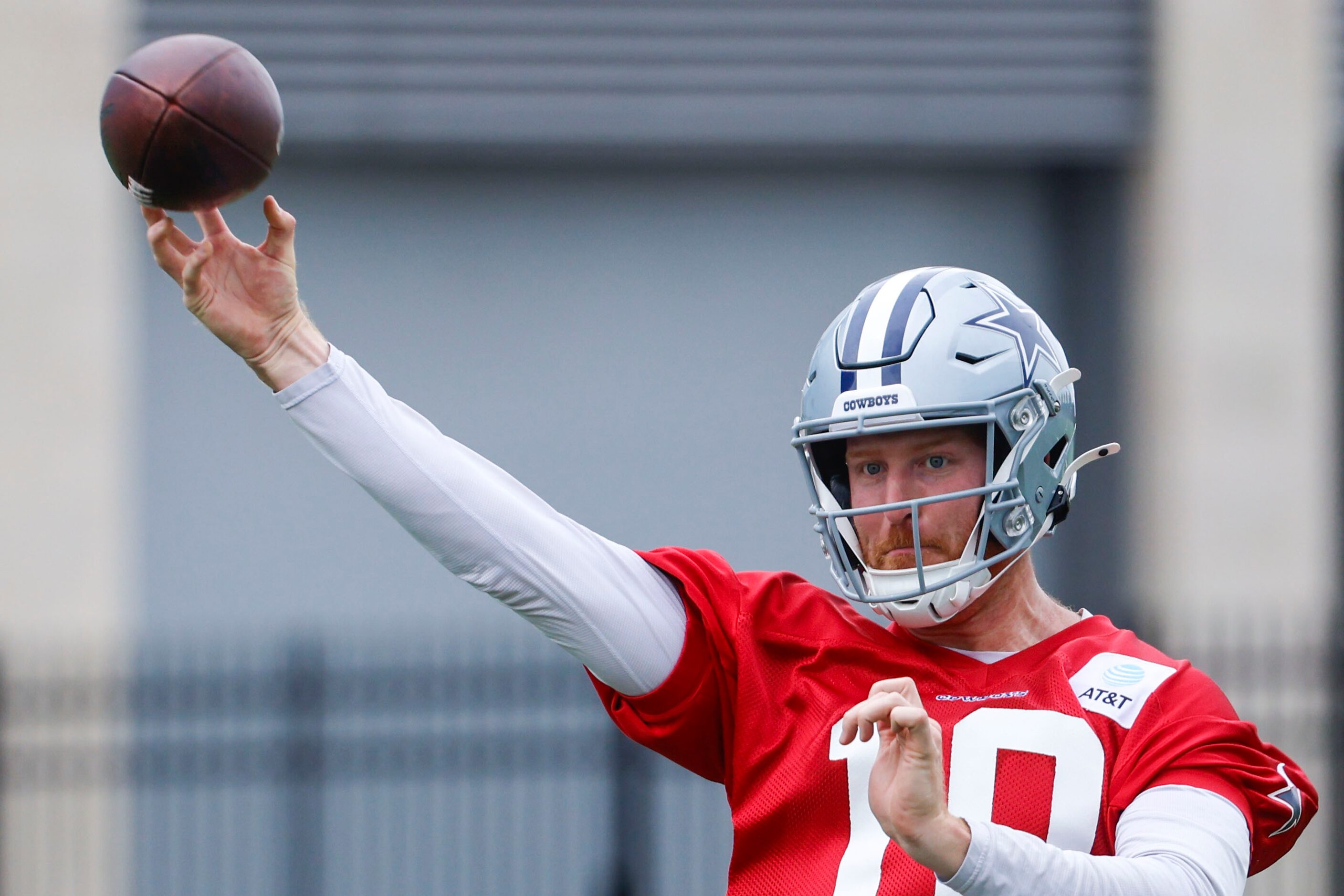 Dallas Cowboys quarterback Cooper Rush (10) throws the ball during a team practice, on...