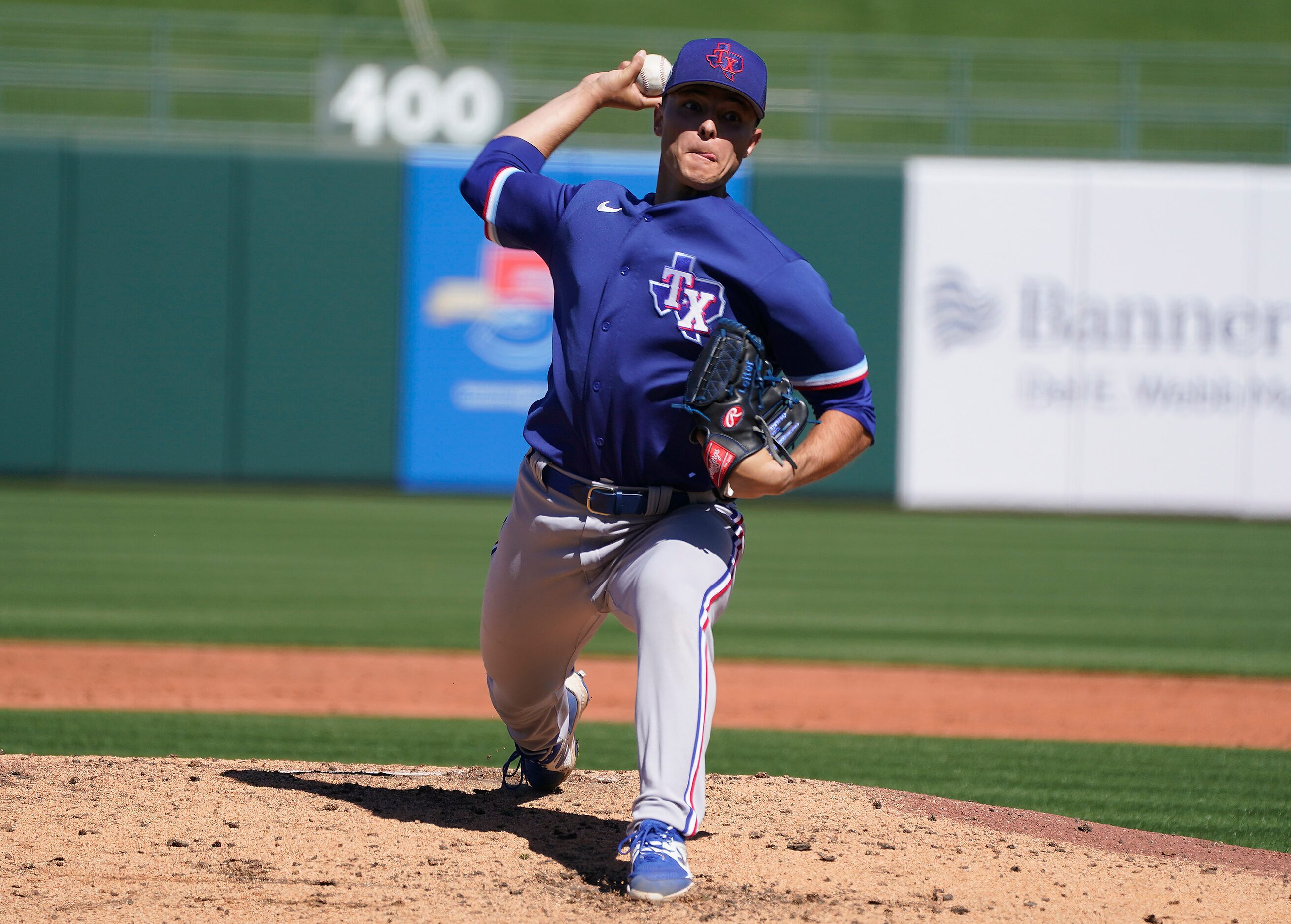 Texas Rangers Jack Leiter pitches during a minor league Spring Training game against the...