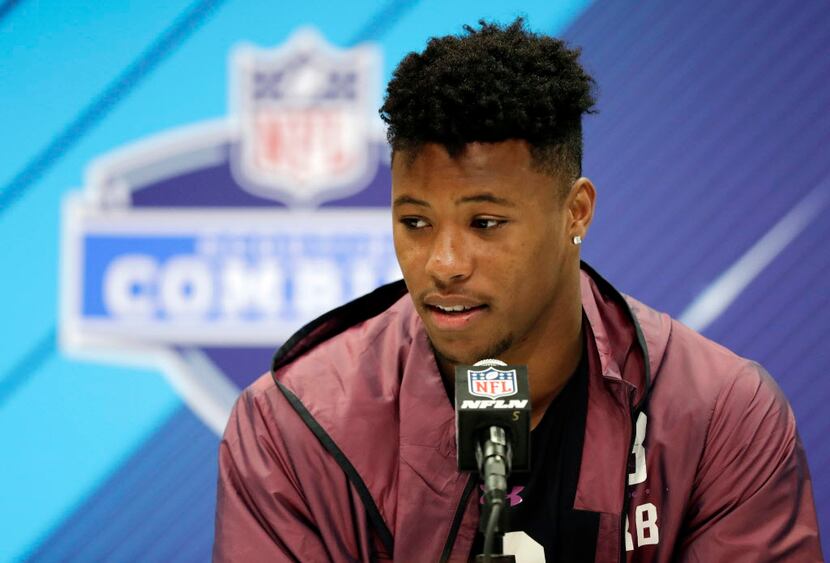 Penn State running back Saquon Barkley speaks during a press conference at the NFL football...
