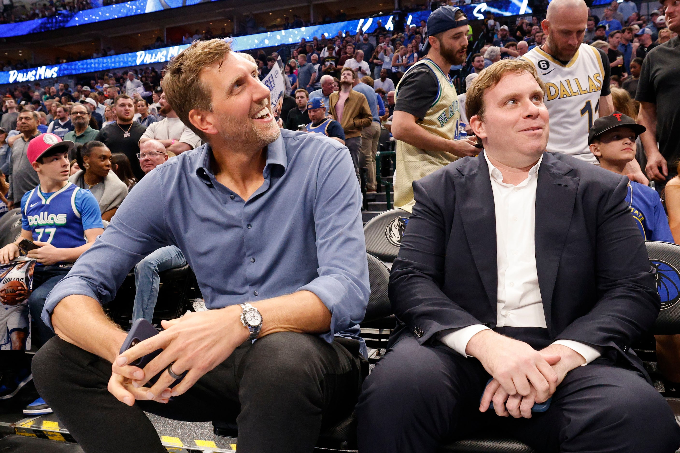 Dirk Nowitzki, former Mavericks player, left, and Patrick Dumont, new  Mavericks governor,...