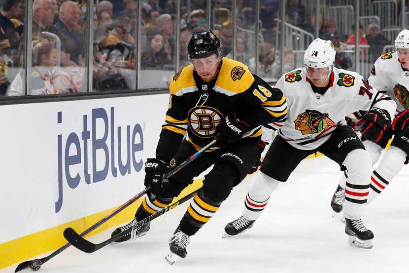 Boston Bruins' Brett Ritchie keeps the puck from Chicago Blackhawks' Nicolas Beaudin during...