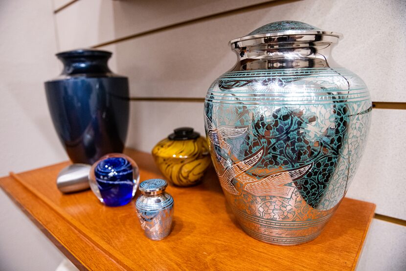 Urns on display at Ted Dickey West Funeral Home in Dallas.