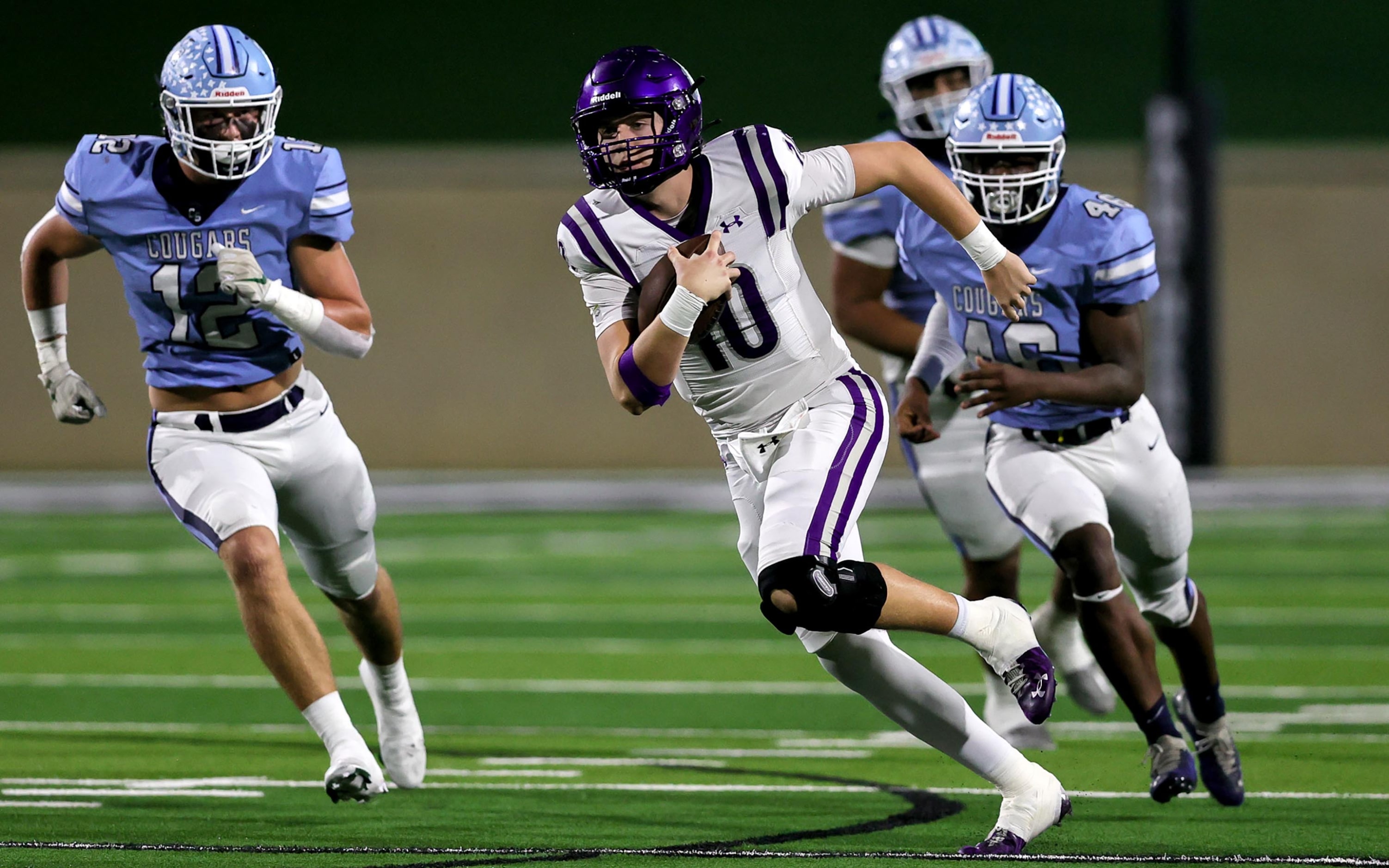 Anna quarterback Evan Bullock (10) finds a nice hole to run against China Spring during the...