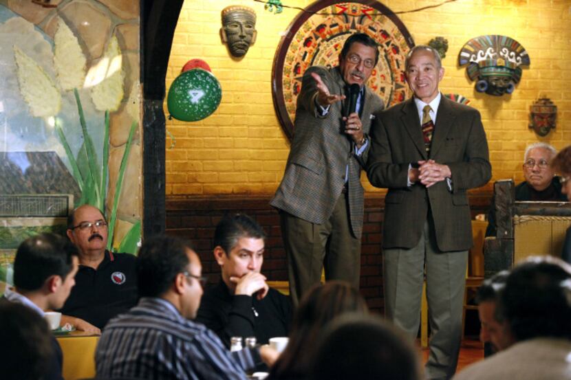 DISD Superintendent Mike Miles (right) discussed Hispanic student issues at a LULAC...