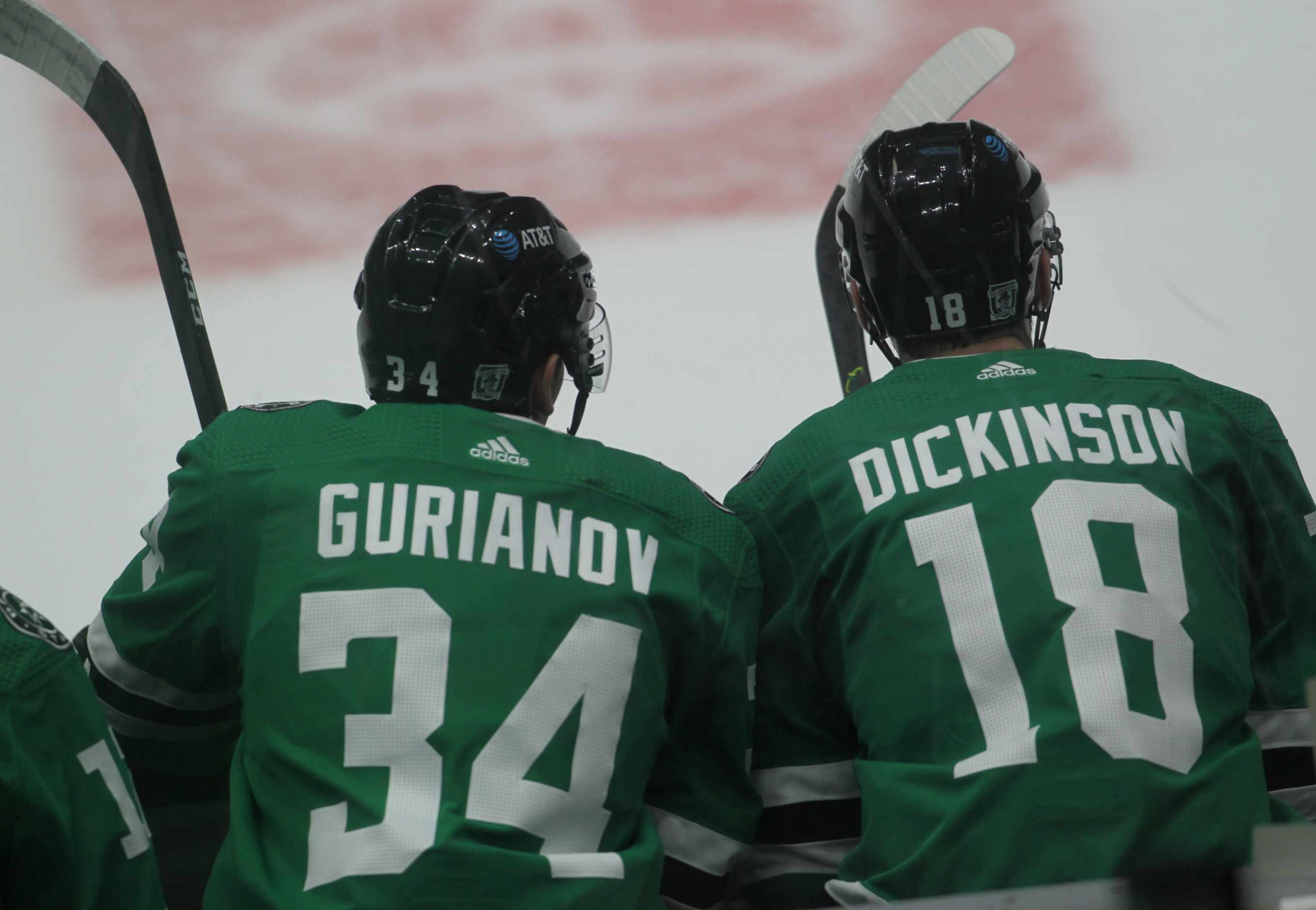 Dallas Stars forwards Denis Gurianov (34) and Jason Dickinson (18) take a breather on the...