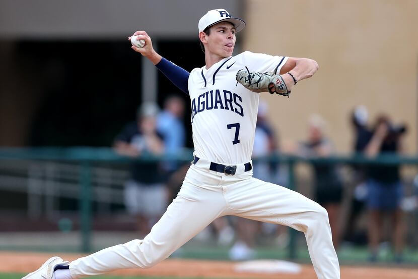 Flower Mound starting pitcher Zack James delivers a pitch against Denton Guyer during Game 1...