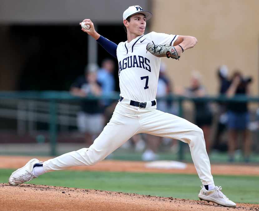 Flower Mound starting pitcher Zack James delivers a pitch against Denton Guyer during Game 1...