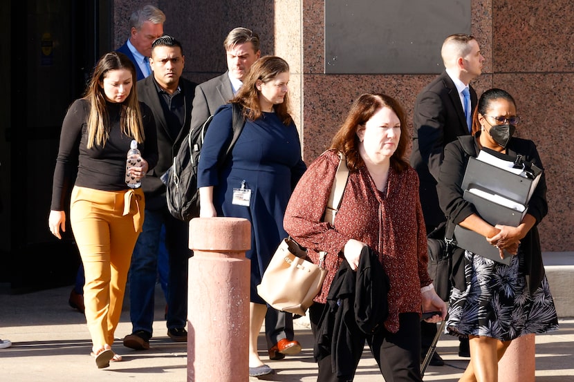 Former Dallas police Sgt. Kevin Mansell (back left) and Officers Danny Vasquez (black jacket...